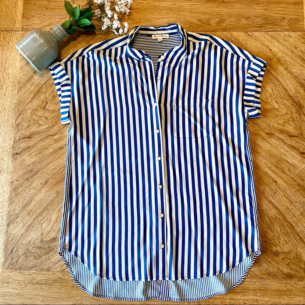 NEW JANE & DELANCEY Blue & White Striped Button Down Blouse Top - M